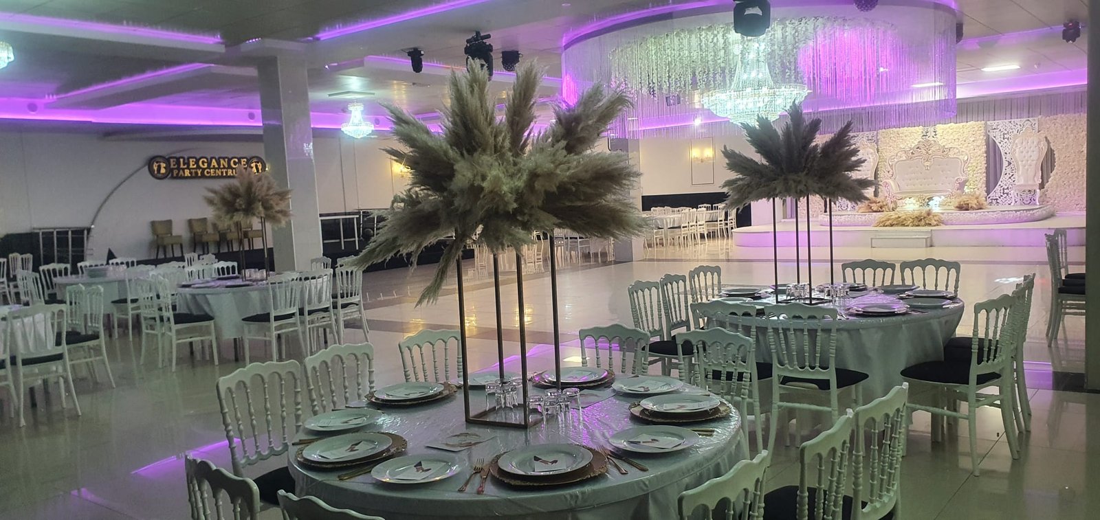 Zaalopstelling met paarse verlichting in Partycentrum Elegance Lelystad
